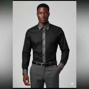 Elegant Black Men's Dress Shirt with Patterned Accents